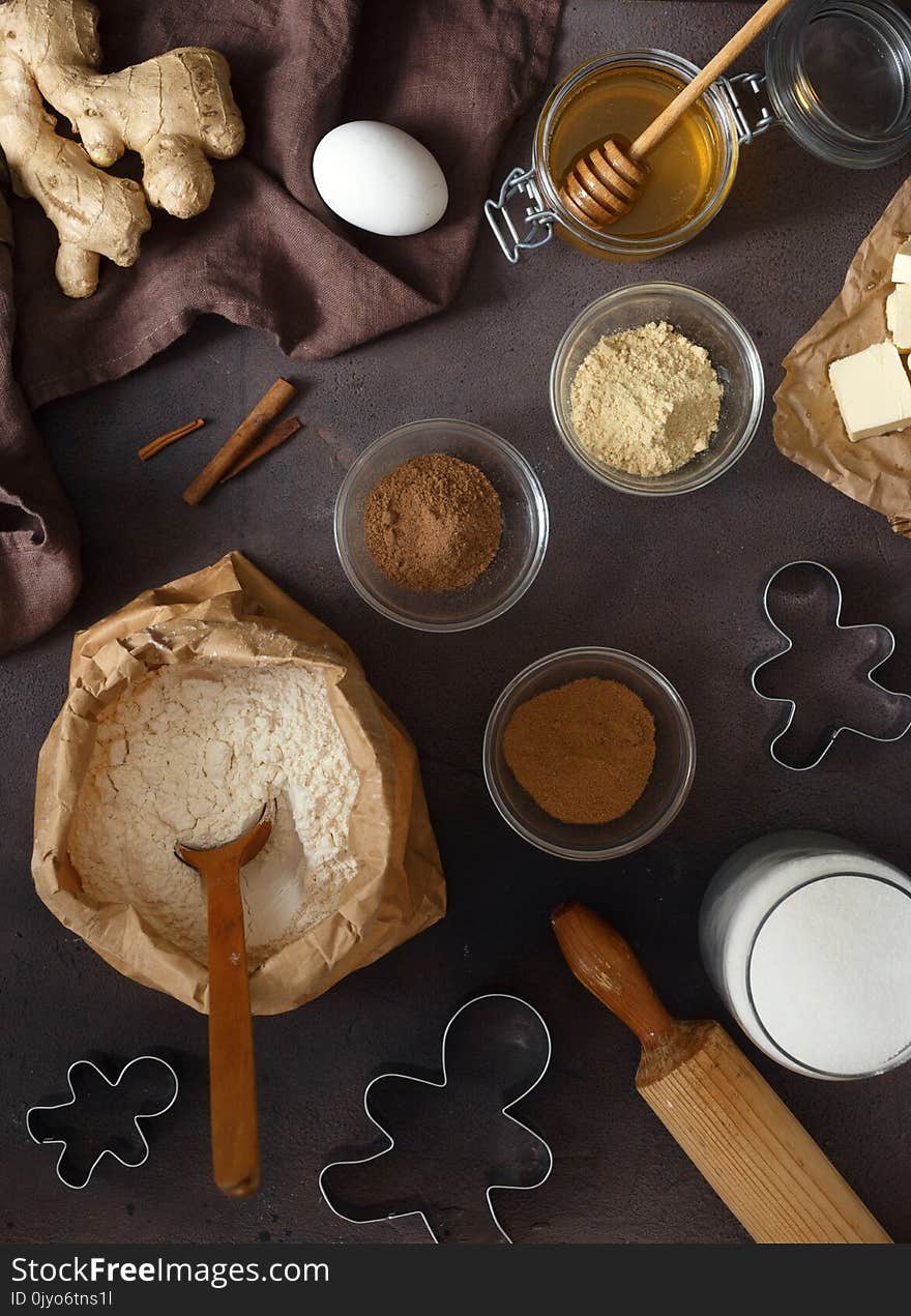 Set of ingredients for cooking festive Christmas gingerbread cookies in the home kitchen top view. Set of ingredients for cooking festive Christmas gingerbread cookies in the home kitchen top view