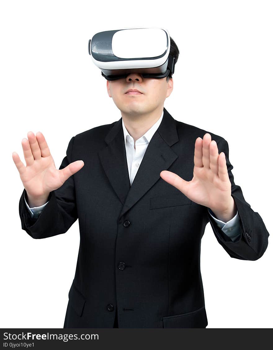 Close Up Of Businessman In A Formal Wear And Virtual Reality Glasses.