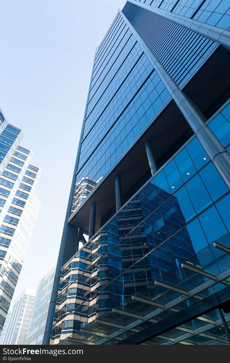 Low angle shot of modern glass city buildings. Low angle shot of modern glass city buildings