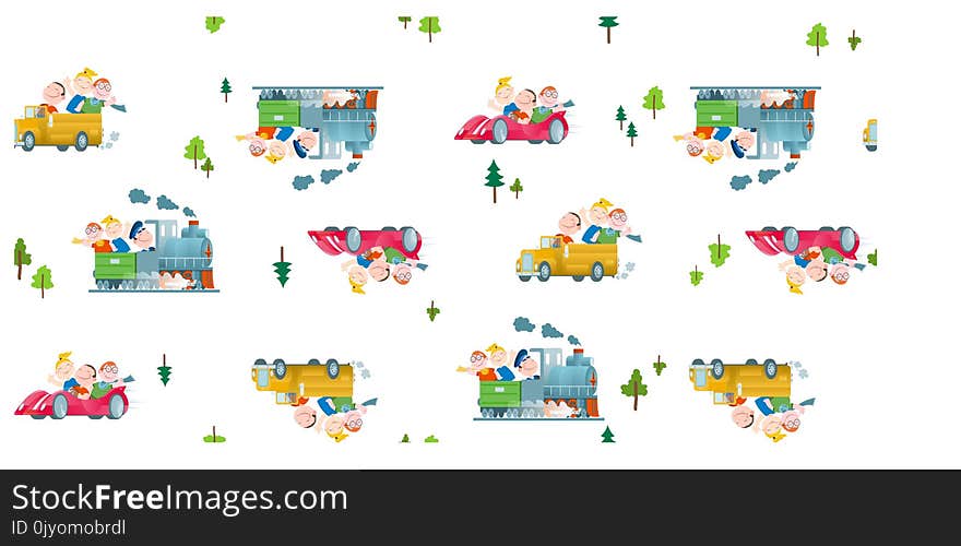 Seamless pattern of cartoon funny children go by lant transport car, schoolbus and train. Seamless pattern of cartoon funny children go by lant transport car, schoolbus and train