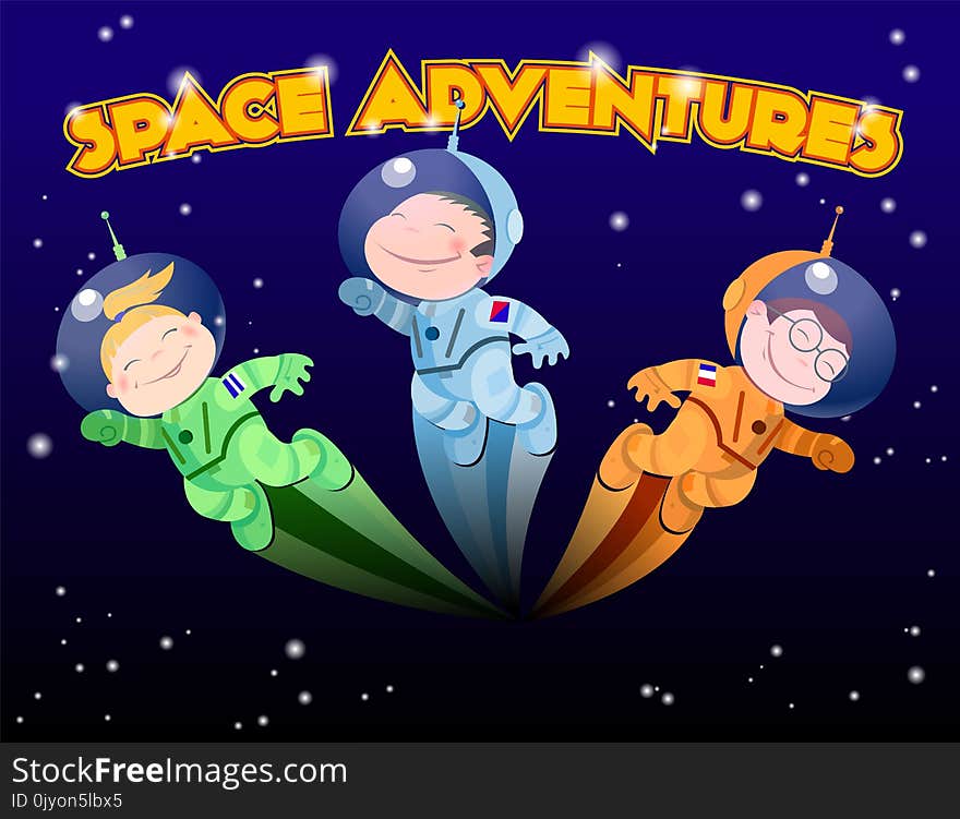 Children In Spacesuits Flying In An Outer Space