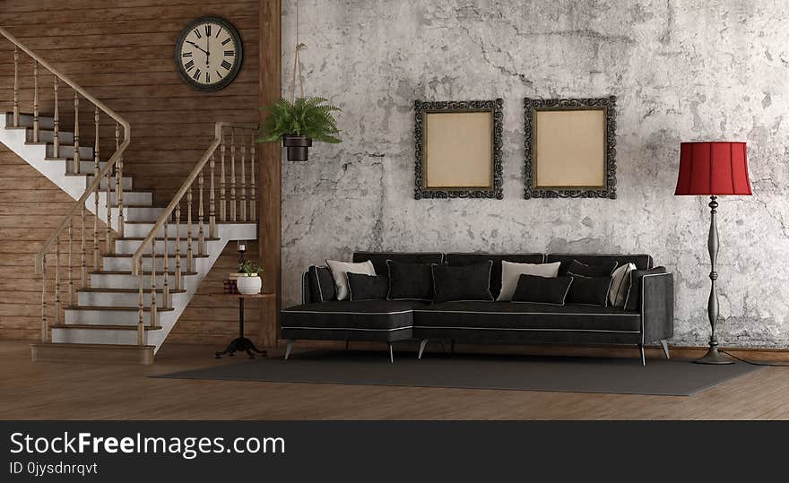 Retro room with stair and black sofa on grunge wall - 3d rendering. Retro room with stair and black sofa on grunge wall - 3d rendering