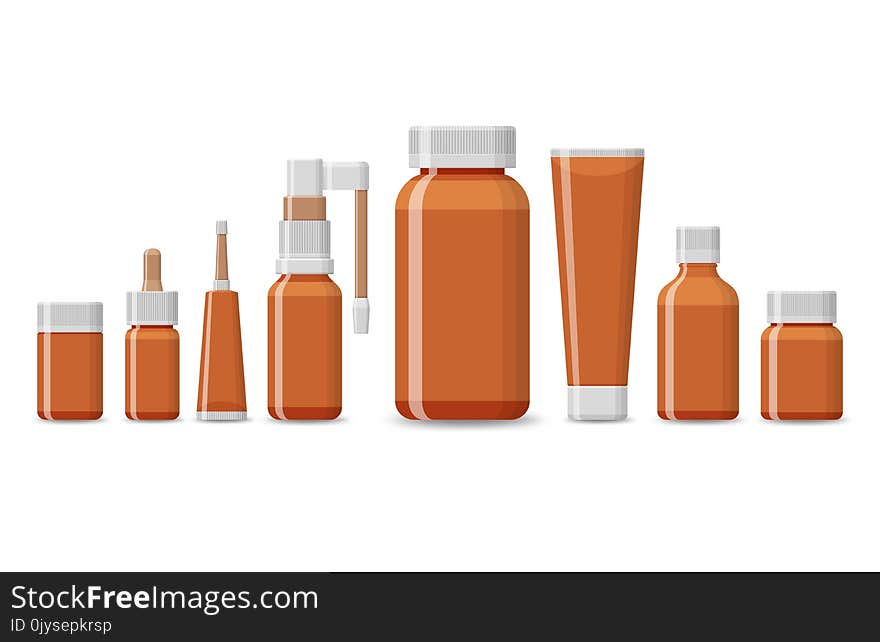 Set Of Blank Package For Medical Product On A White Background. Vector Mockup. Glass Brown Tubes For Pharmacy