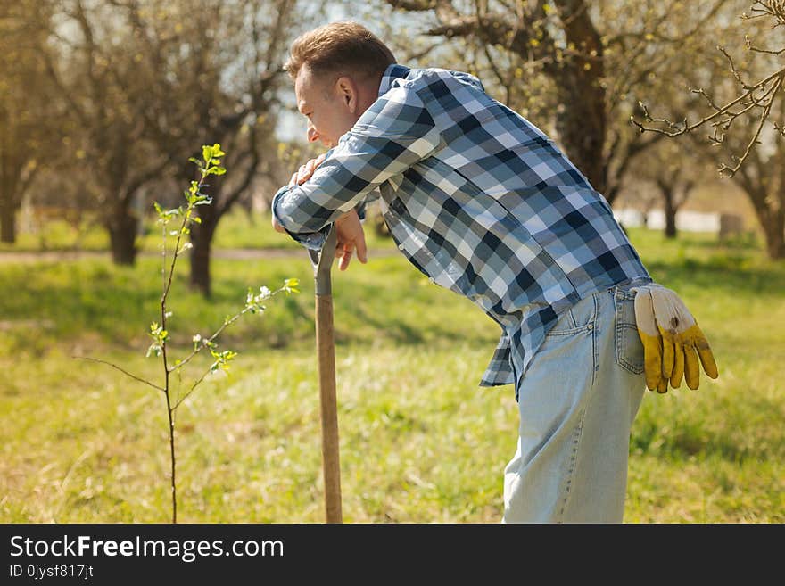 Delighetd Adult Man Standing In The Garden