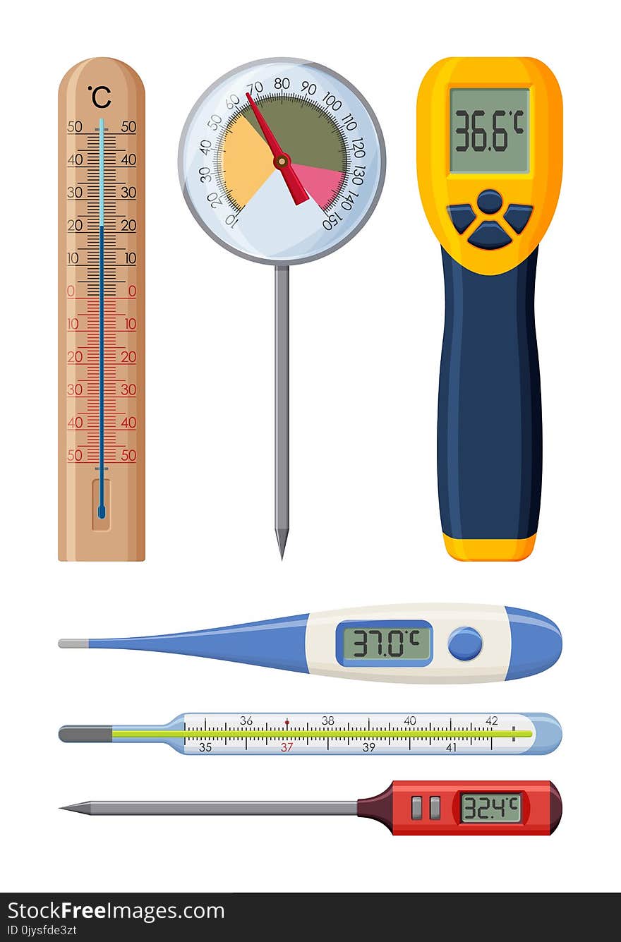 Set of realistic thermometers for different needs. Medical and cooking. Vector illustration.