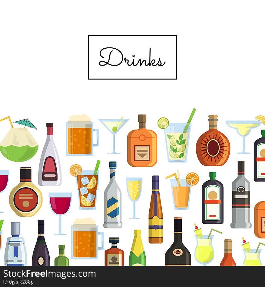 Vector banner background with alcoholic drinks in glasses and bottles and with place for text for drinks menu illustration. Vector banner background with alcoholic drinks in glasses and bottles and with place for text for drinks menu illustration