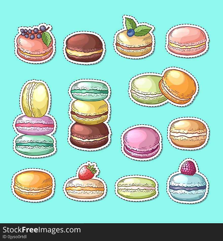 Vector stickers set with colored hand drawn sweet macaroons isolated illustration. Vector stickers set with colored hand drawn sweet macaroons isolated illustration