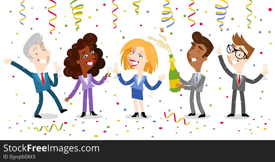 Vector illustration of group of happy cartoon business people celebrating and drinking champagne with festoons and confetti