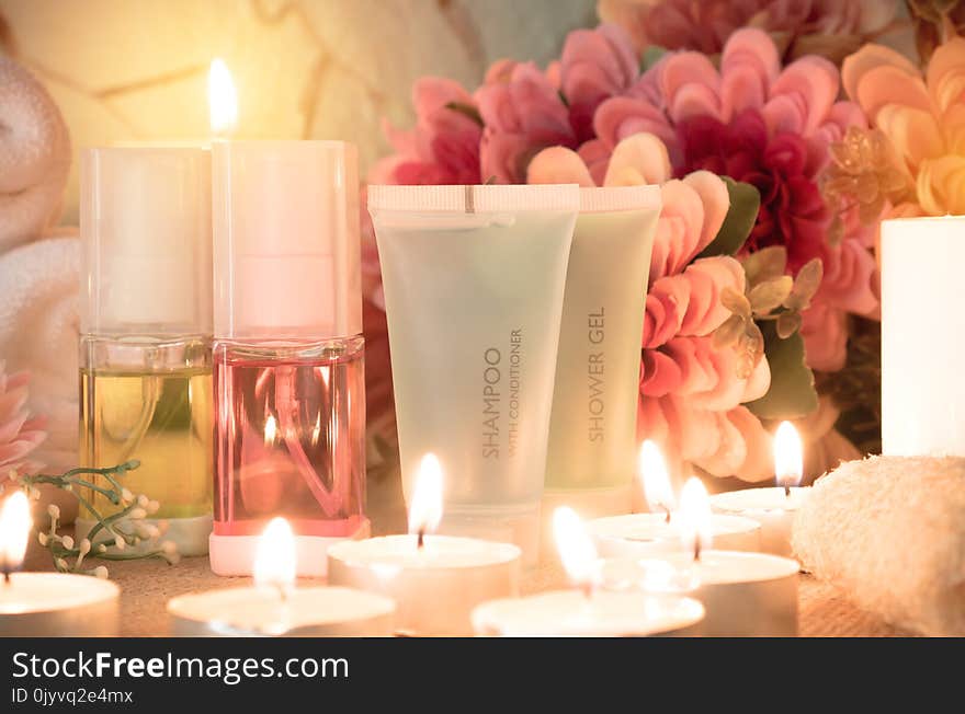 Bath set with candle in bathroom.Body care product in packageing setting.Healthy concept. Spa concept.