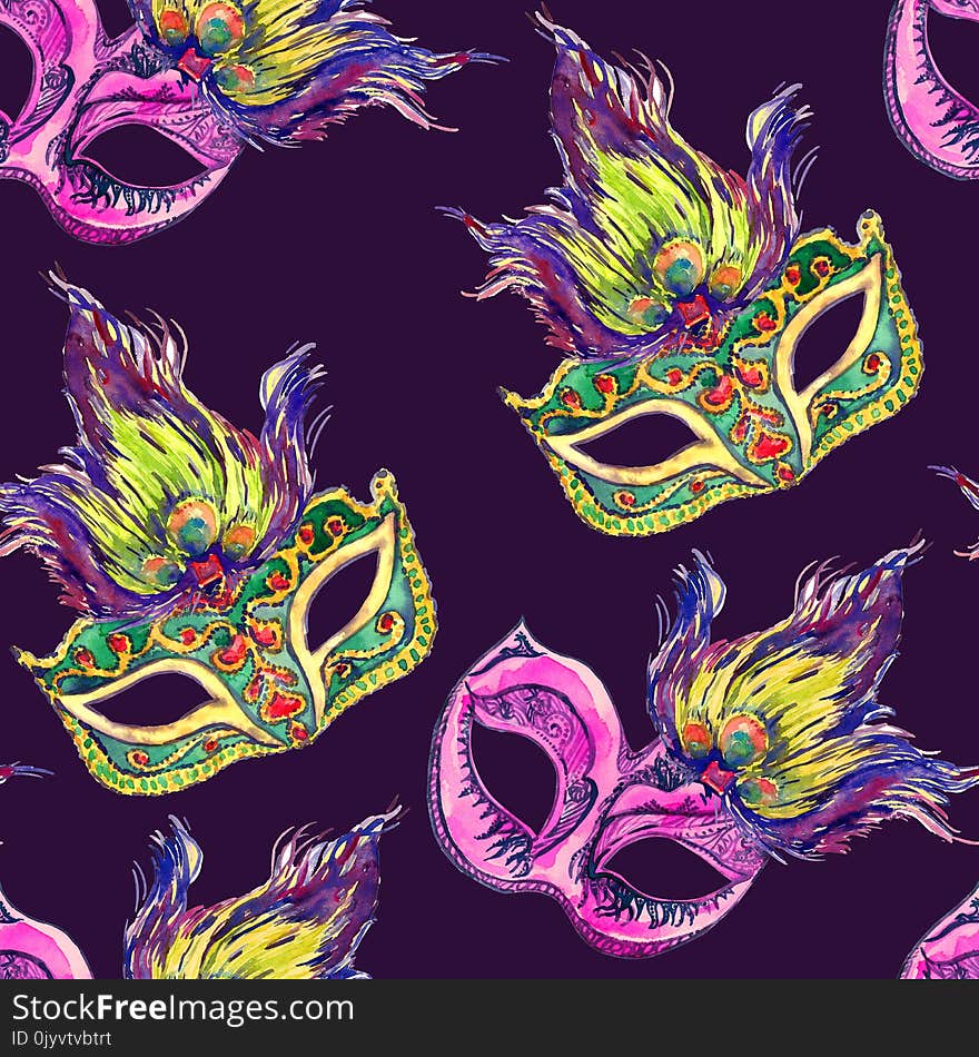 Carnival masks, dark purple background, seamless pattern design, hand painted watercolor illustration. Carnival masks, dark purple background, seamless pattern design, hand painted watercolor illustration