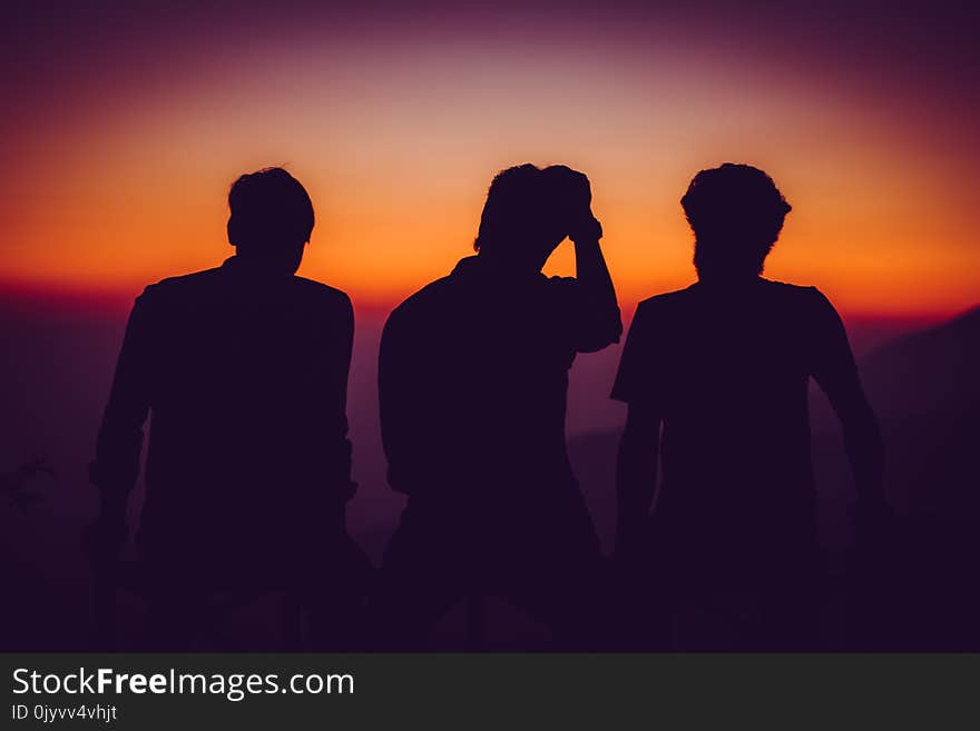 Silhouette of Men Standing on Open Area Golden Hour Photography