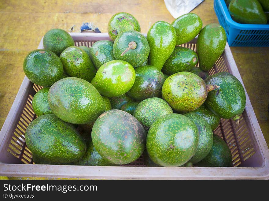 Rectangular Purple Plastic Basket Full of Green Avocado Fruits