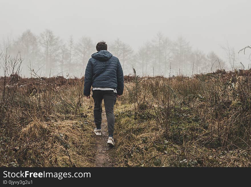 Man Wearing Blue Bubble Hoodie Jacket Walking on Green Grass Field