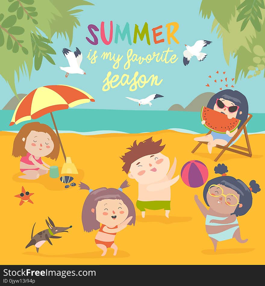 Summer childs outdoor activities. Beach holiday. Happy childhood. Vector illustration. Happy boys and girls on the sea.