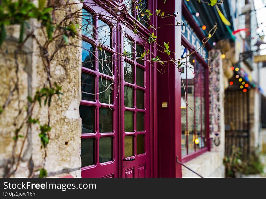 Old beautiful violet wooden door with glass in modern-style, Noyers, France