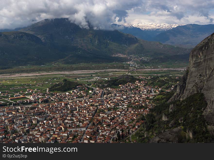 The view from the top of the mountains to the small town in Greece. The view from the top of the mountains to the small town in Greece