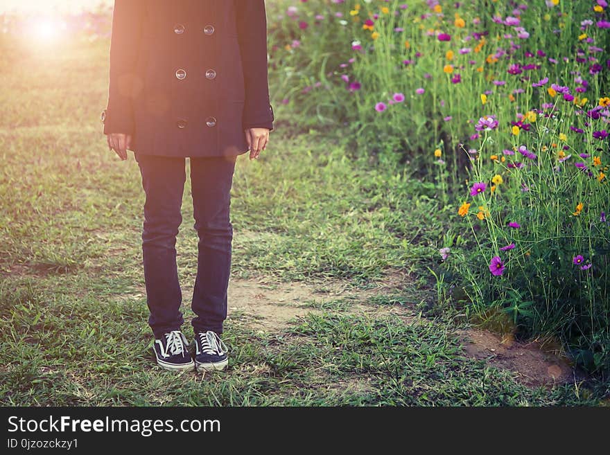 beautiful women wearing black coat, standing in a field of flowers.