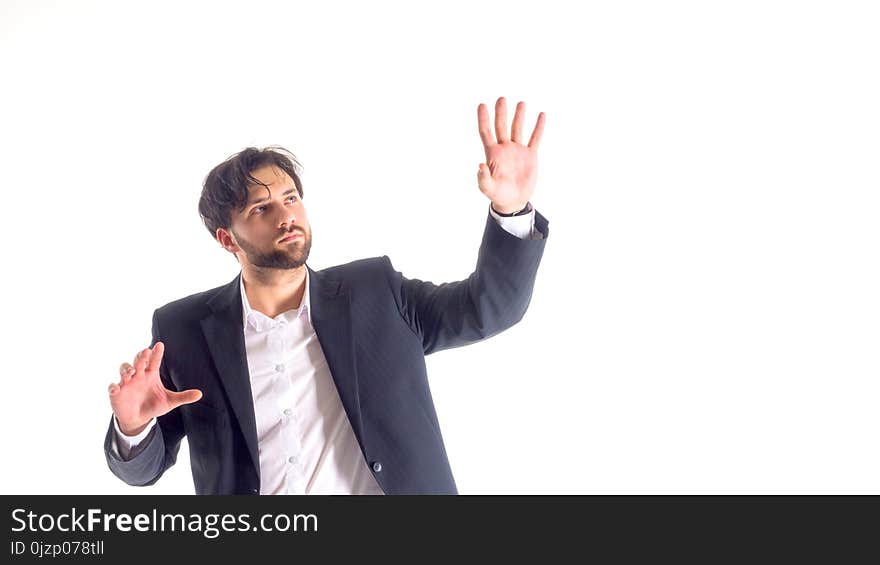 Businessman touching on a virtual whiteboard