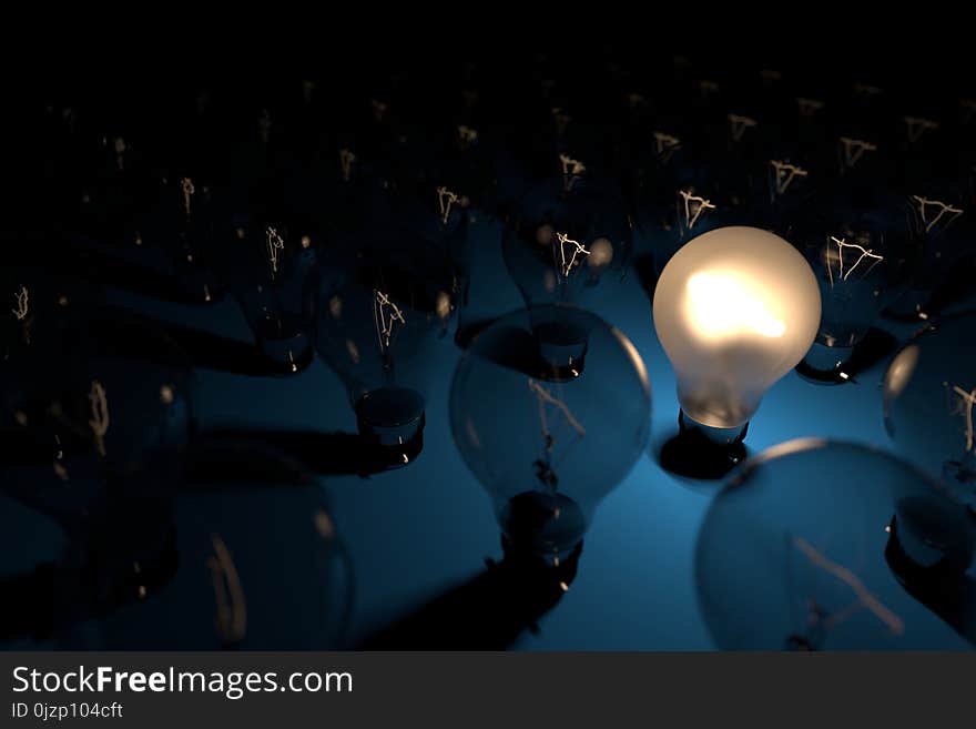 Group of countless bulbs and one of them is bright, 3D Render and illustration of light bulb. Idea and business concept.