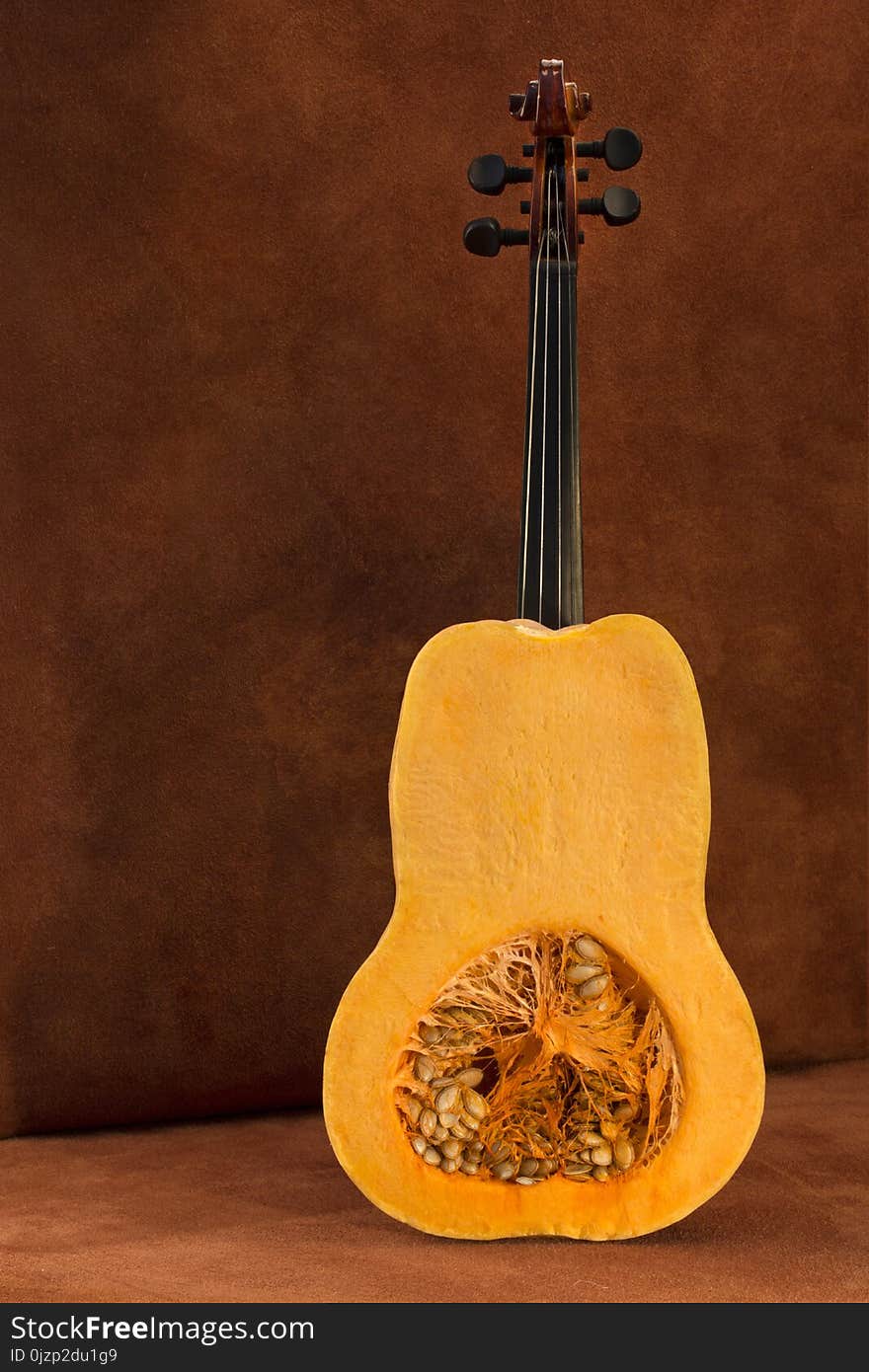 Still life with a cut pumpkin and fretboard on a brown background
