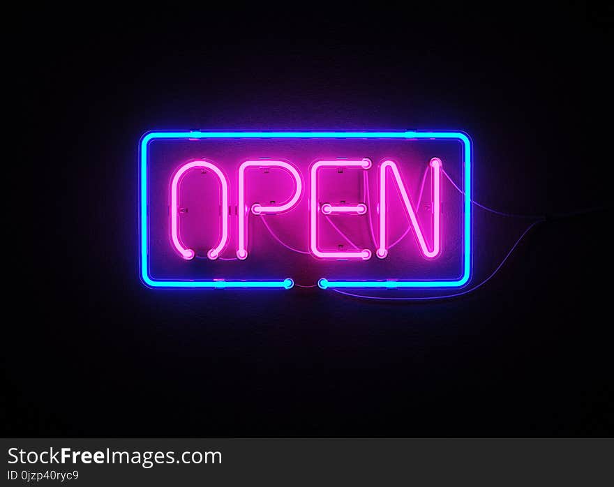 Neon sign of Open lettering on black background. 3D illustration. Neon sign of Open lettering on black background. 3D illustration