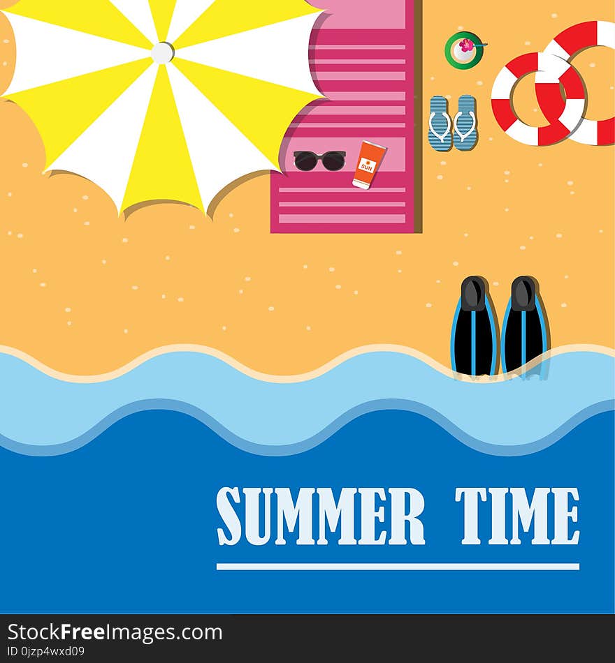 Summer time vector banner design.Top view of beach with summer elements.