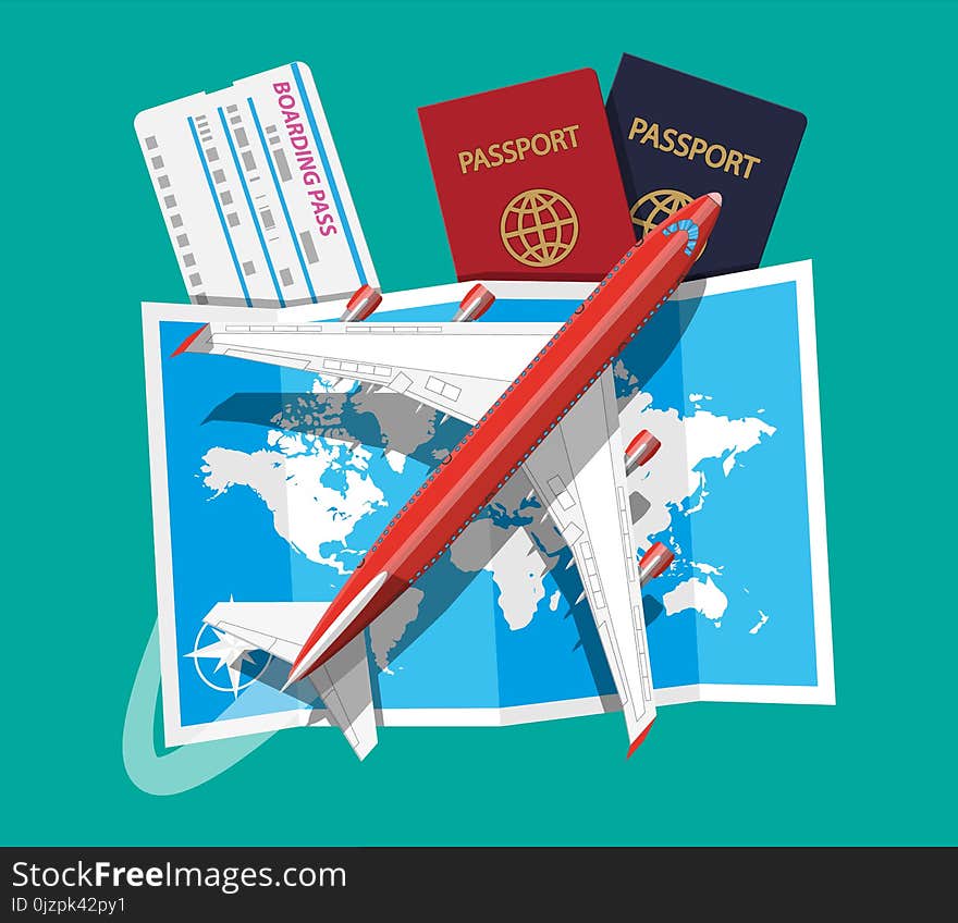 Airplane top view. Passenger or commercial jet, boarding pass and passport. Paper world map. Cartography and geography. Aircrfat lat style. Journey or vacation, business trip. Vector illustration. Airplane top view. Passenger or commercial jet, boarding pass and passport. Paper world map. Cartography and geography. Aircrfat lat style. Journey or vacation, business trip. Vector illustration