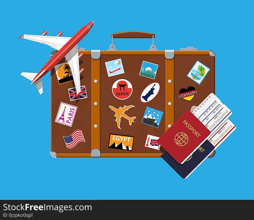 Travel suitcase with stickers of countrys and citys all over the world. Airplane. Passport and boarding pass. Vacation and holiday. Vector illistration in flat style. Travel suitcase with stickers of countrys and citys all over the world. Airplane. Passport and boarding pass. Vacation and holiday. Vector illistration in flat style