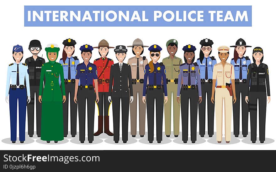 International police people concept. Detailed illustration of SWAT officer, policeman, policewoman and sheriff from