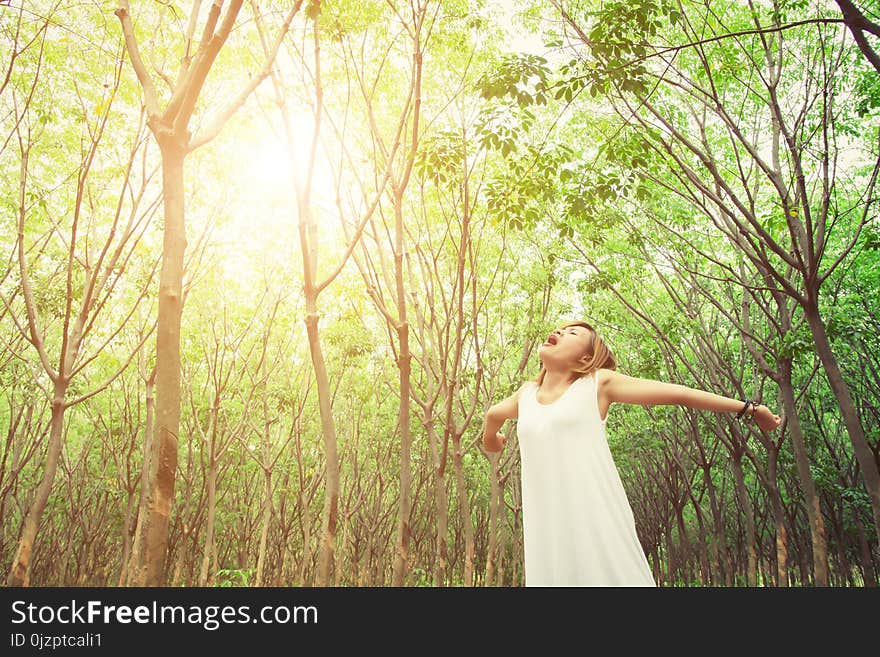 Women lifestyle concept : Beautiful young asian woman stretching and yawning with fresh air in the green forest