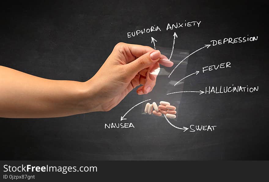 Hand with pills in plastic bag and blackboard wallpaper. Hand with pills in plastic bag and blackboard wallpaper