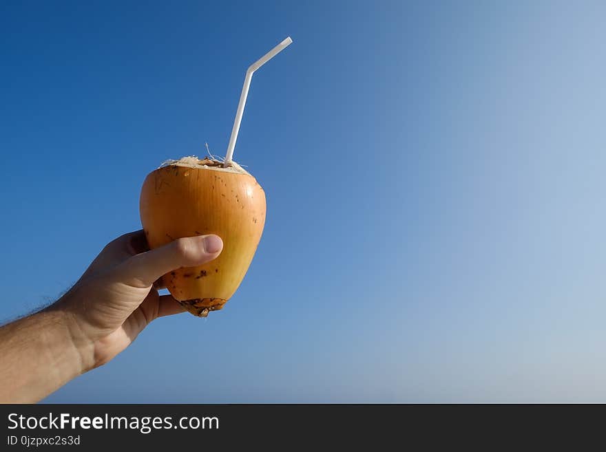 Man holding a a coconut on the beach on blue sky background. Man holding a a coconut on the beach on blue sky background