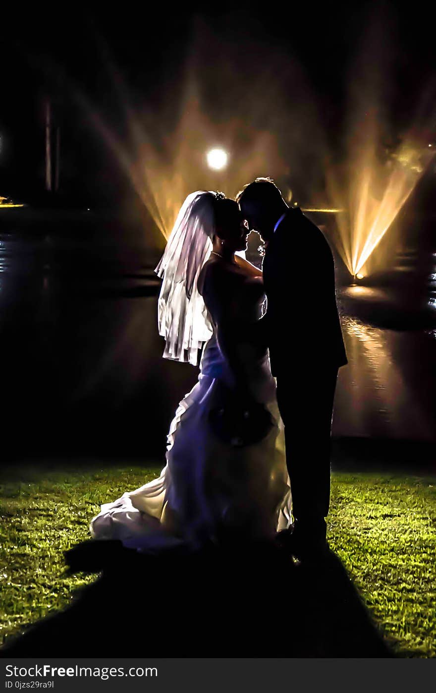 Silhouette of Bride and Groom on Grass Field during Night Times