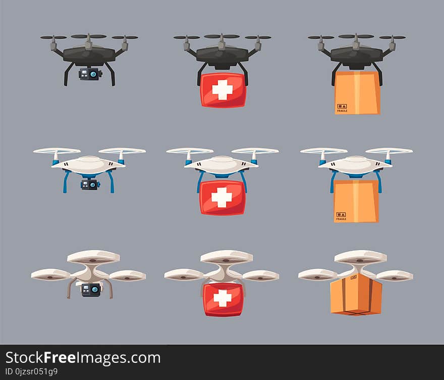 Set Of Drones. Delivery, Medical, Photo And Video Copters. Cartoon Vector Illustration