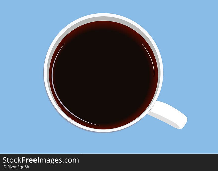 White cup of coffee on a blue background, vector, top view.