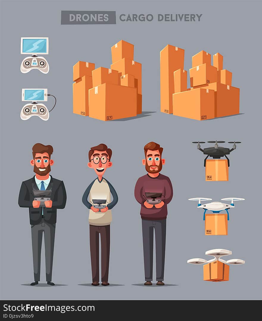 Set of drones and people. Delivery, photo and video copters. Cartoon vector illustration