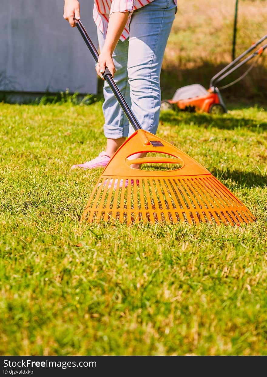 Woman using rake to clean up garden lawn