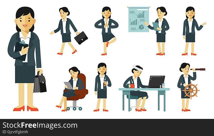 Business woman in office with gestures and actions. Business woman in office with gestures and actions