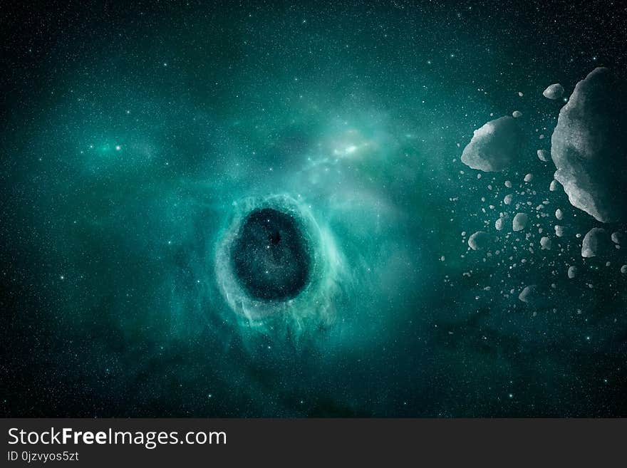 View on illuminated nebula and black hole in outer space with aseroids. High resolution scientific green illustration. View on illuminated nebula and black hole in outer space with aseroids. High resolution scientific green illustration.