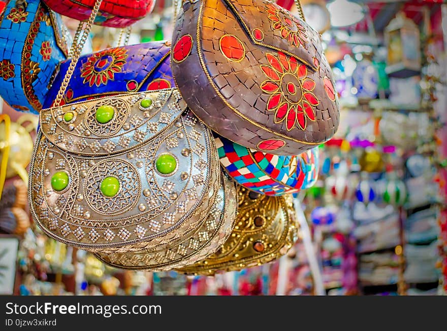 Arabic style ladies` bags on display in the shop - Muscat, Oman. Arabic style ladies` bags on display in the shop - Muscat, Oman.