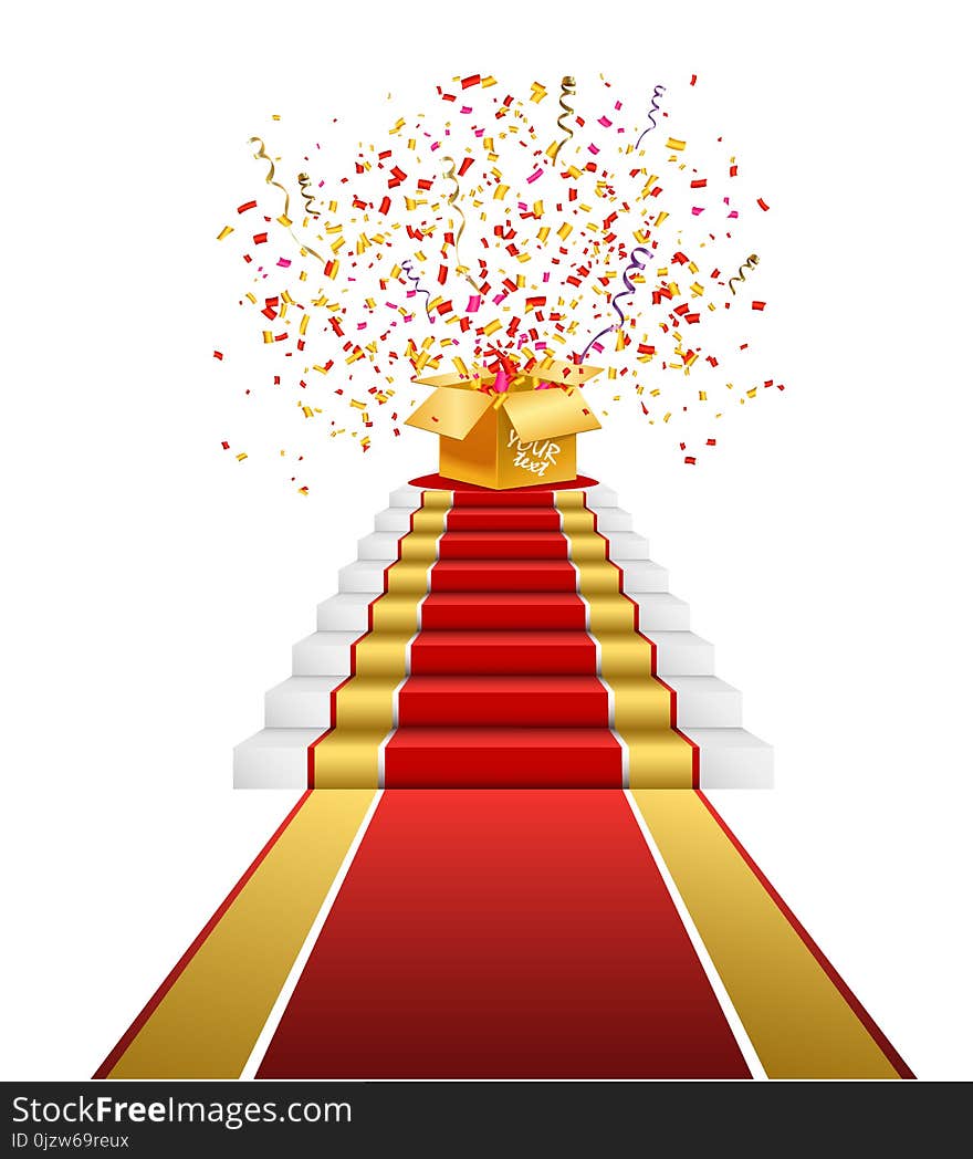 Staircase with red carpet. Prize, gift boxes. Realistic illustration. Staircase with red carpet. Prize, gift boxes. Realistic illustration