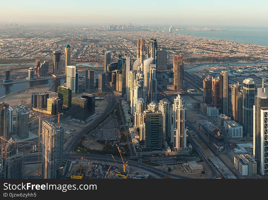 Panorama Of Dubai Cityscape From Above At Sunrise