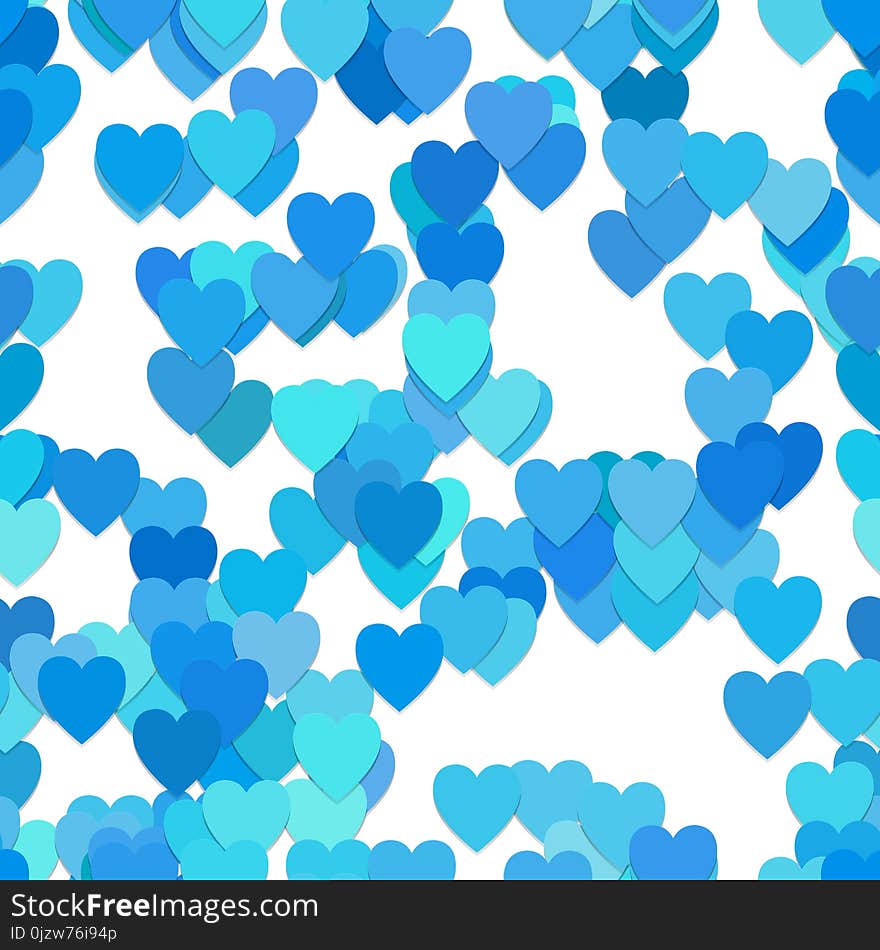 Repeating chaotic heart pattern background - vector illustration from hearts in light blue tones with shadow effect