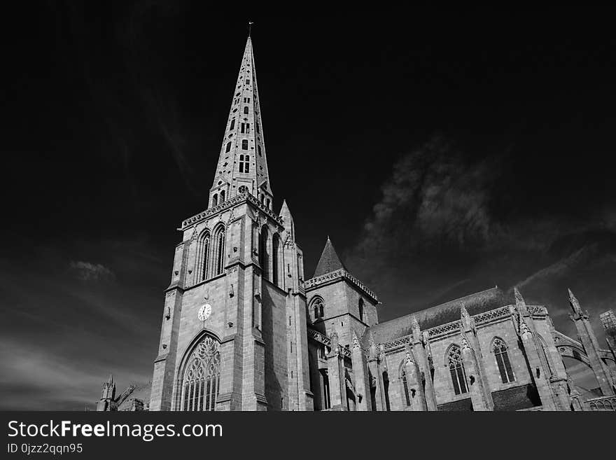 Spire, Landmark, Black And White, Monochrome Photography