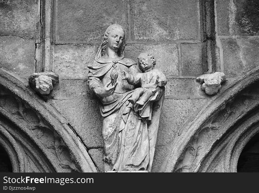 Sculpture, Statue, Black And White, Stone Carving