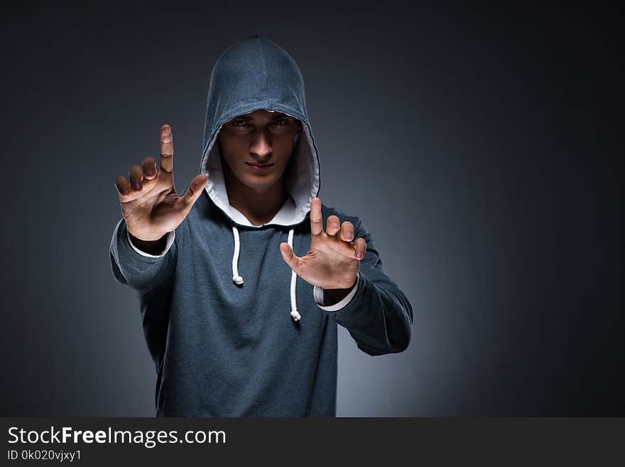 The Young Man Wearing Hoodie Pressing Virtual Buttons