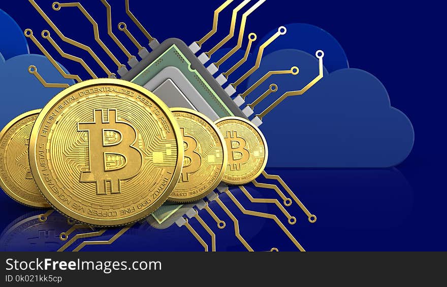 3d illustration of cpu over clouds background with bitcoins row. 3d illustration of cpu over clouds background with bitcoins row