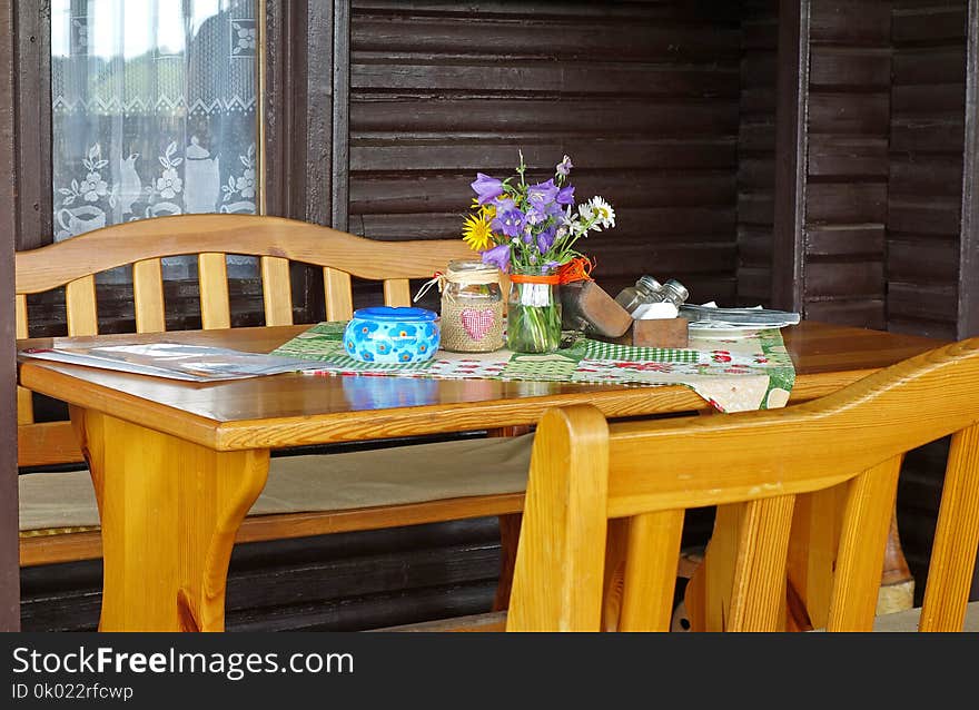 Table in Slovak restaurants, chairs and decoration