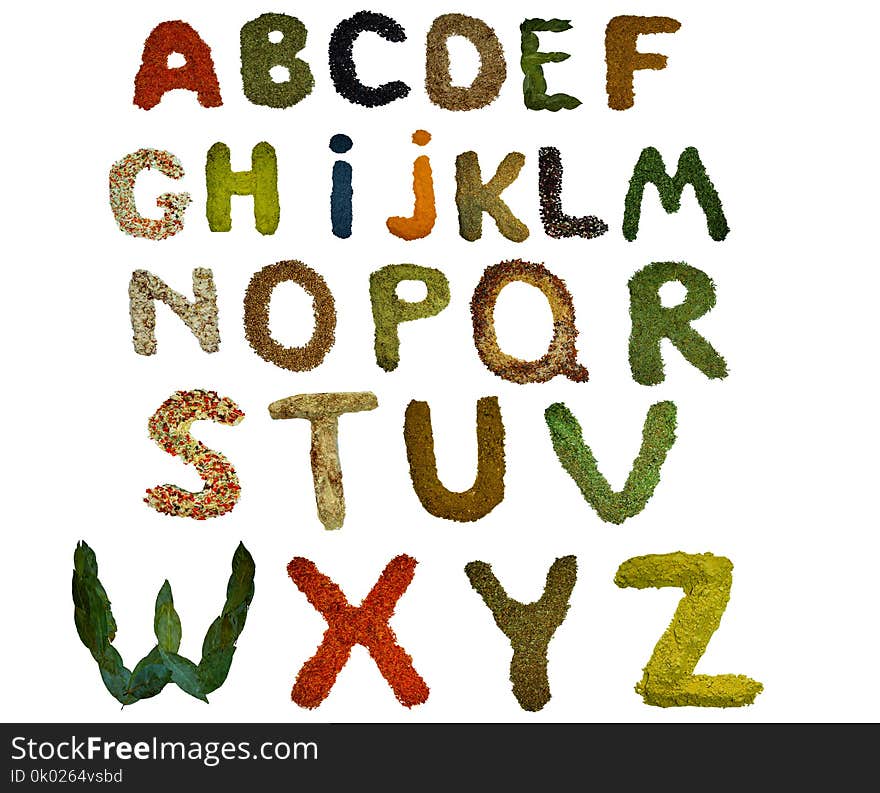 Isolated English Alphabet Lined With A Variety Of Colorful Spices And Flavouring