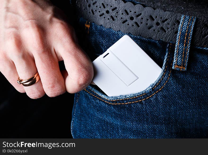 Mock up. woman holding white card usb flash memory card